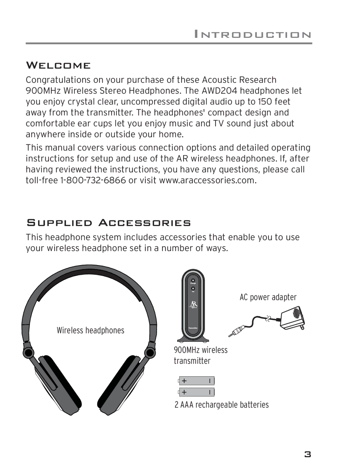 Acoustic Research AWD204 owner manual Welcome, Supplied Accessories 