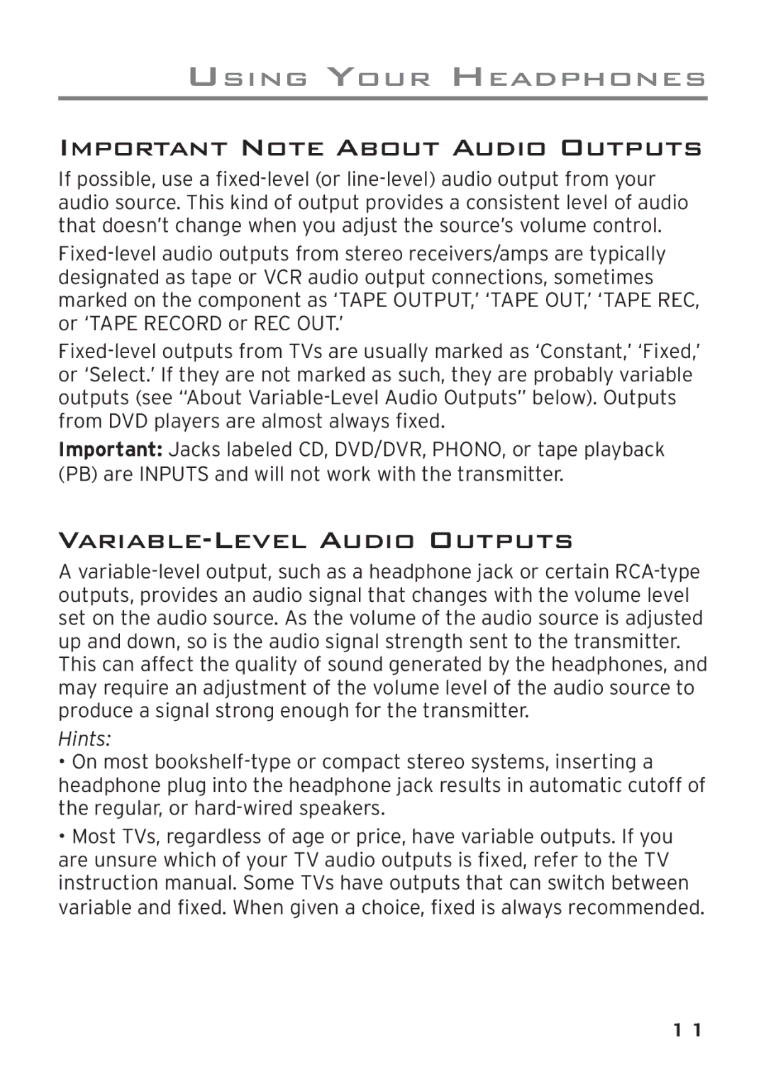 Acoustic Research AWD205 owner manual Important Note about Audio Outputs, VARIABLE‑LEVEL Audio Outputs 