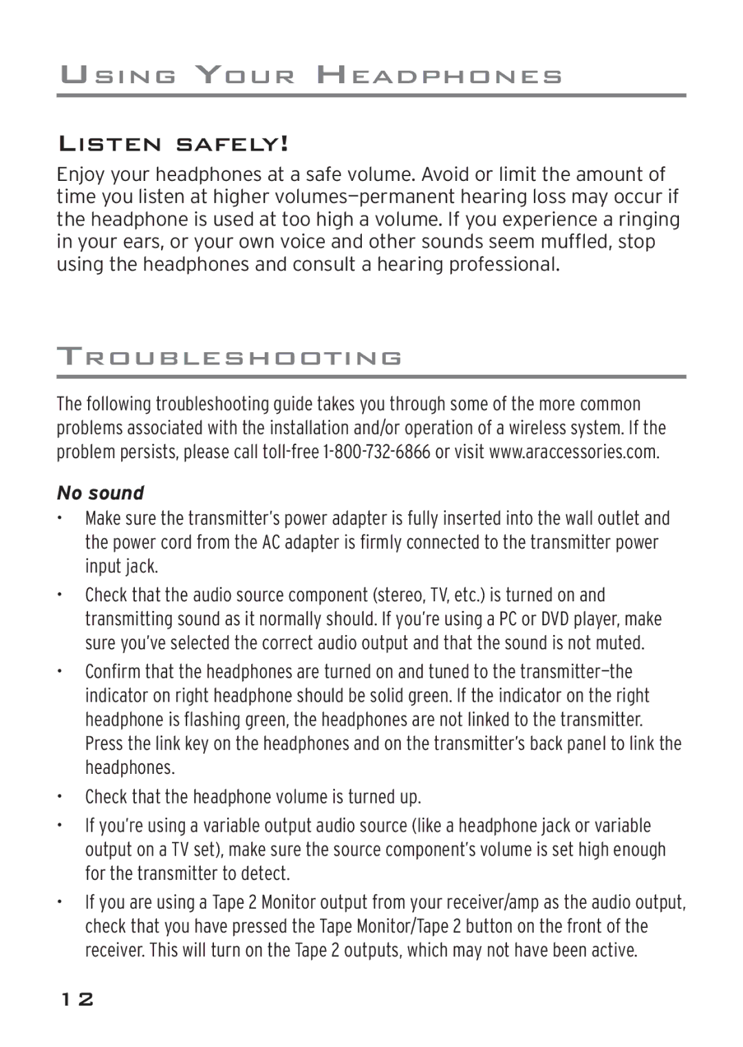 Acoustic Research AWD205 owner manual Listen Safely, No sound 