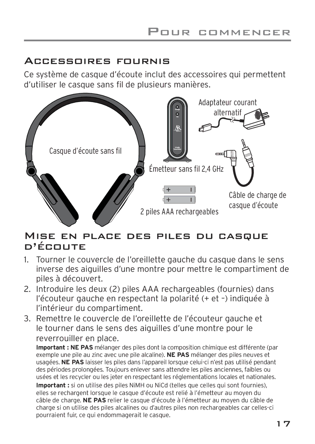 Acoustic Research AWD205 owner manual Accessoires Fournis, Mise EN Place DES Piles DU Casque D’ÉCOUTE 