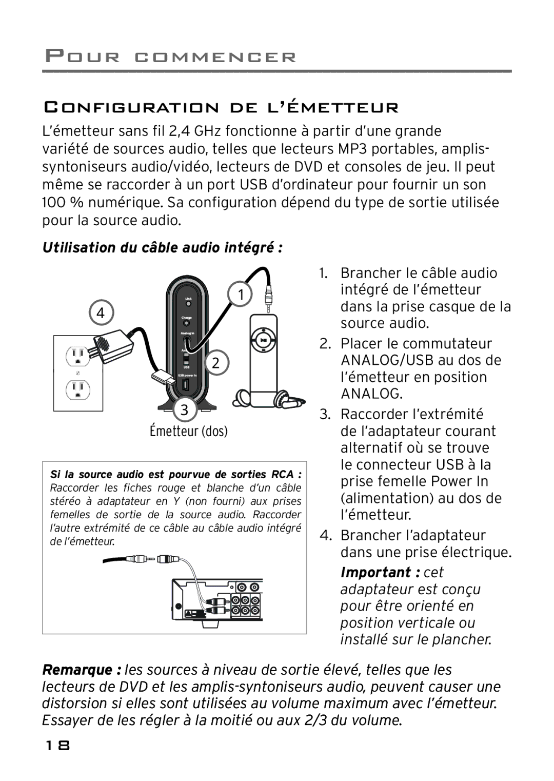 Acoustic Research AWD205 owner manual Configuration DE L’ÉMETTEUR, Utilisation du câble audio intégré 