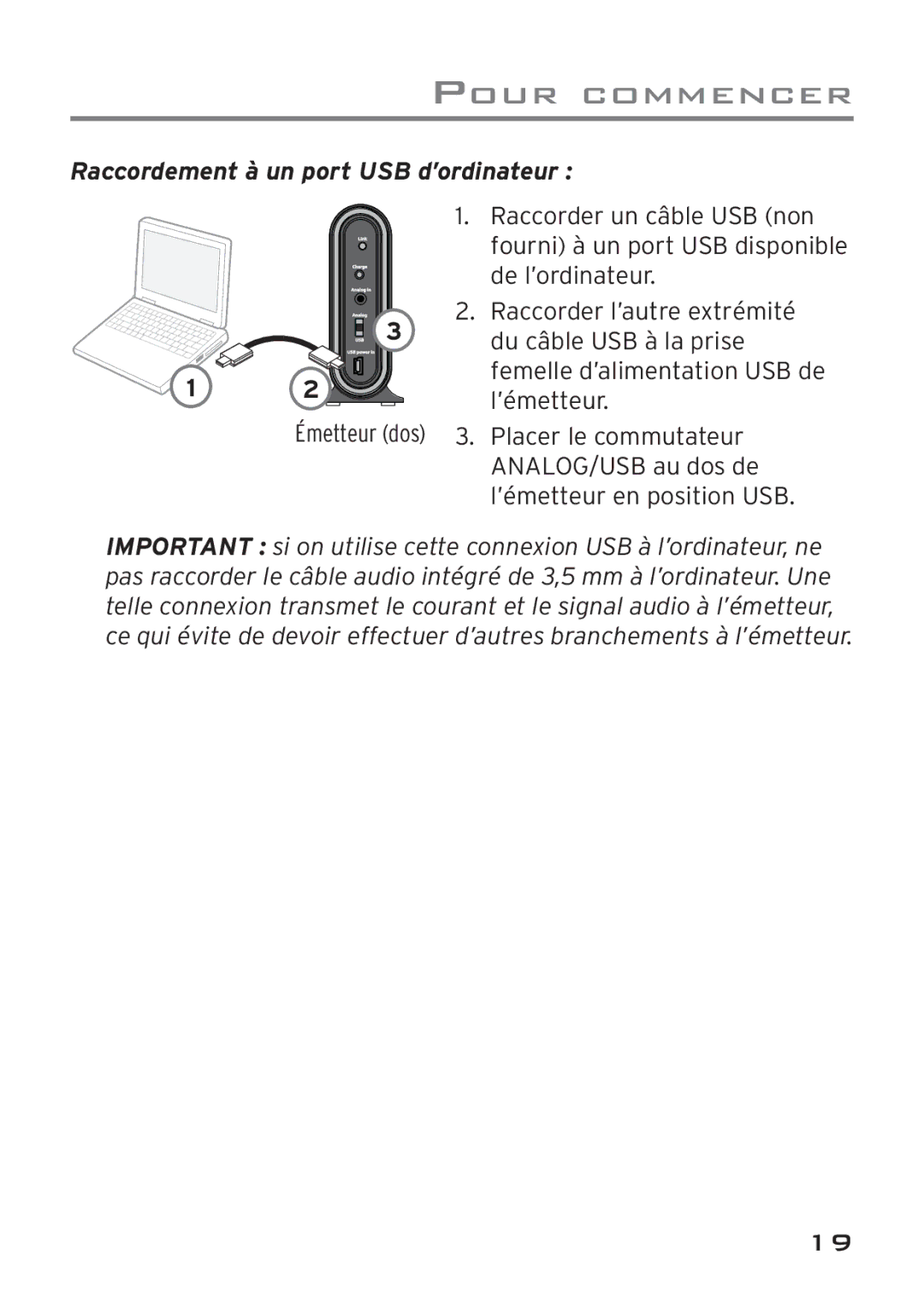 Acoustic Research AWD205 owner manual Raccordement à un port USB d’ordinateur 