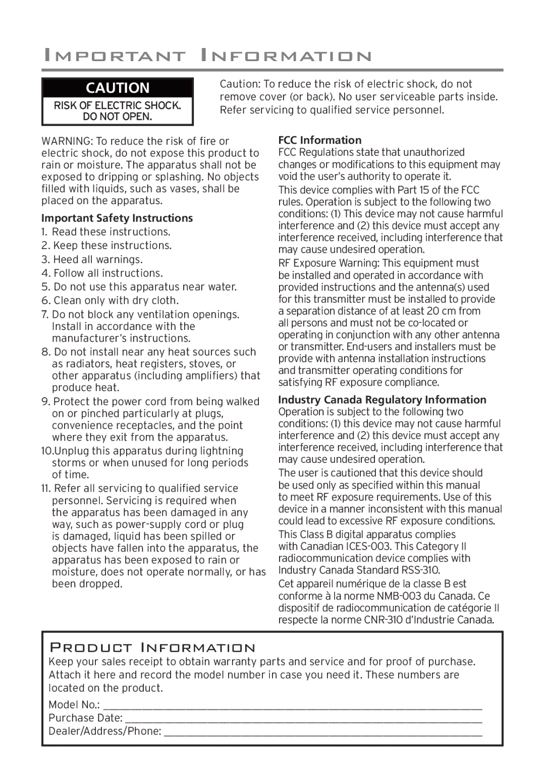 Acoustic Research AWD205 owner manual Product Information 