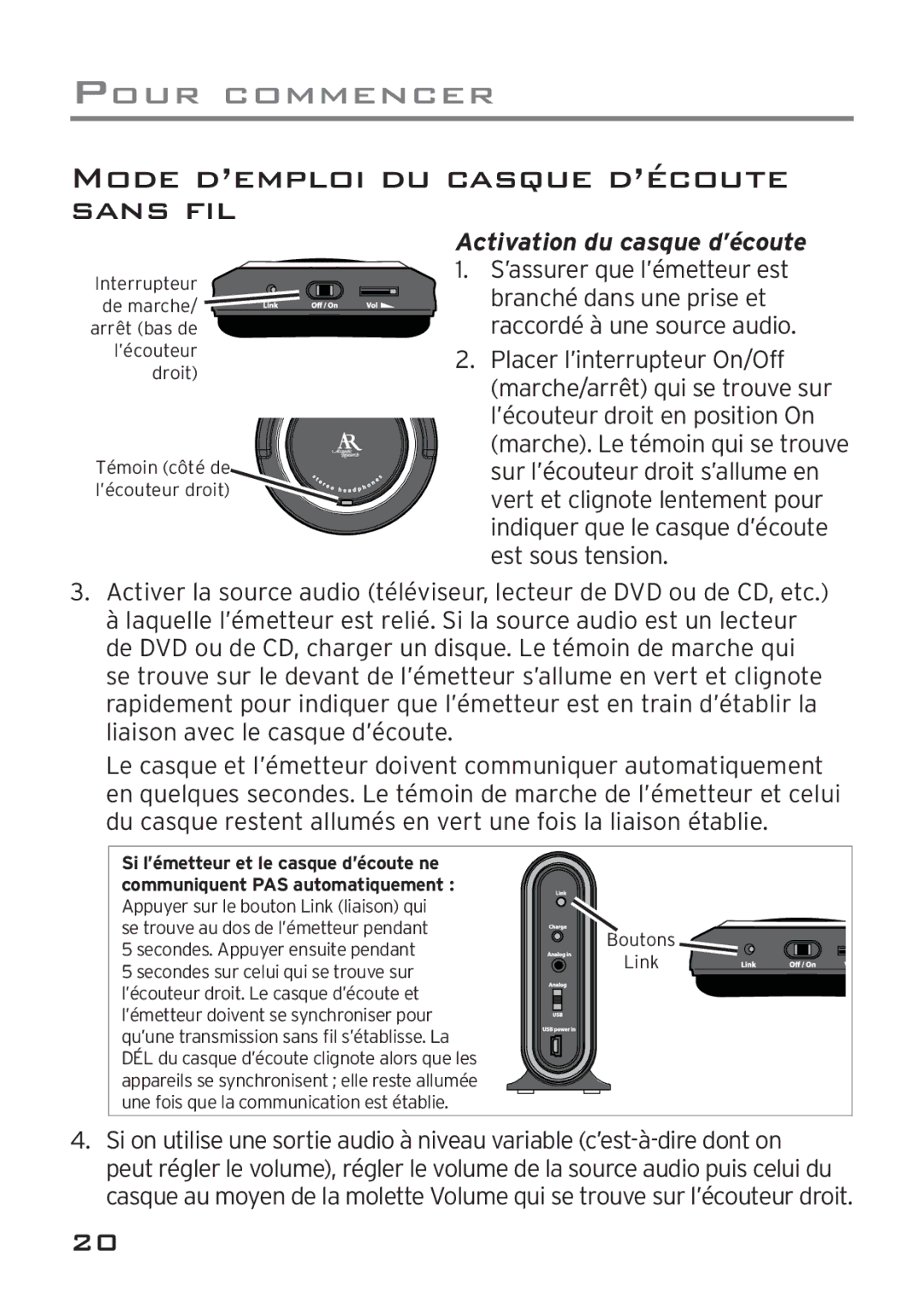 Acoustic Research AWD205 owner manual Mode D’EMPLOI DU Casque D’ÉCOUTE Sans FIL, Activation du casque d’écoute 