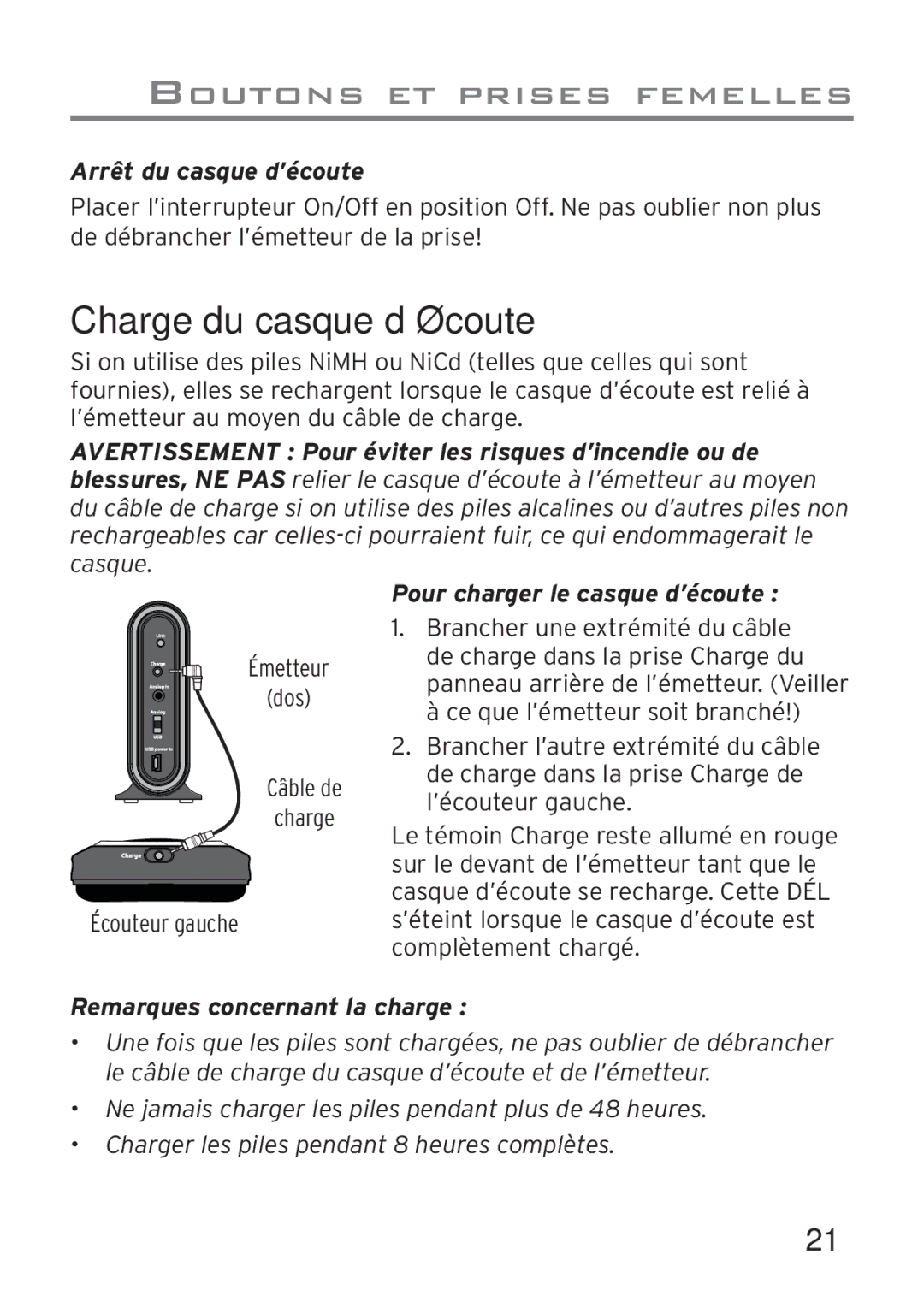 Acoustic Research AWD205 owner manual Charge DU Casque D’ÉCOUTE, Arrêt du casque d’écoute, Pour charger le casque d’écoute 