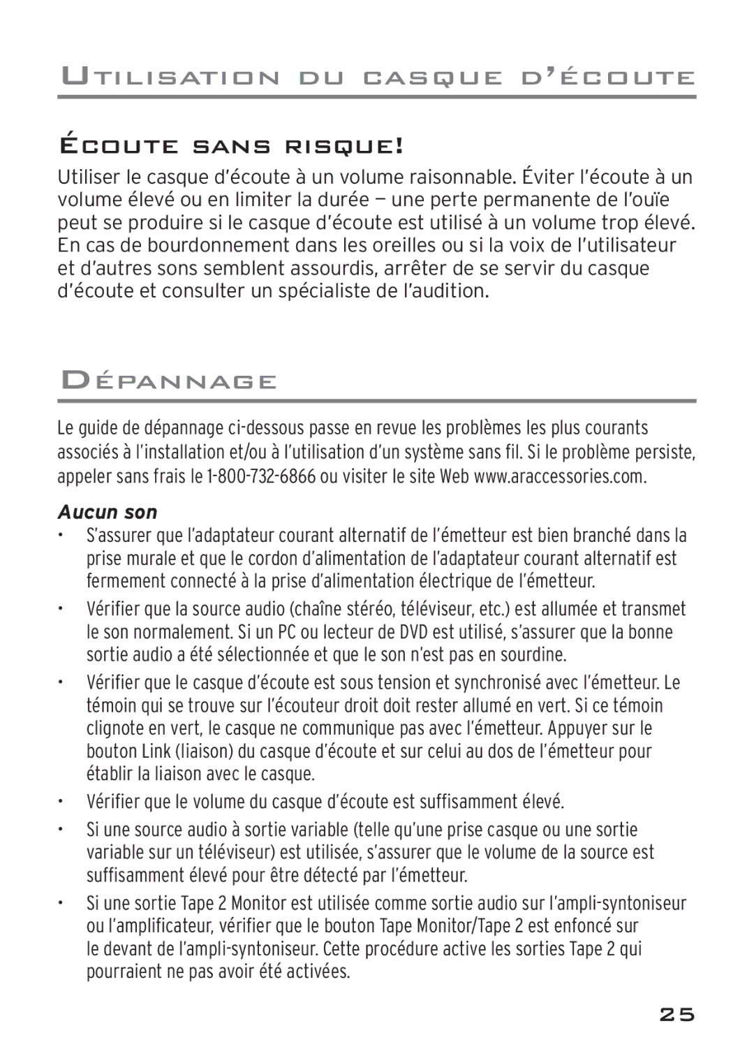 Acoustic Research AWD205 owner manual Écoute Sans Risque, Aucun son 