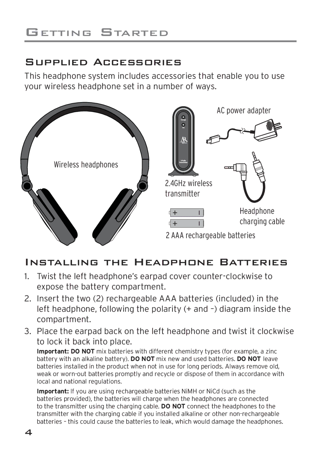 Acoustic Research AWD205 owner manual Supplied Accessories, Installing the Headphone Batteries 