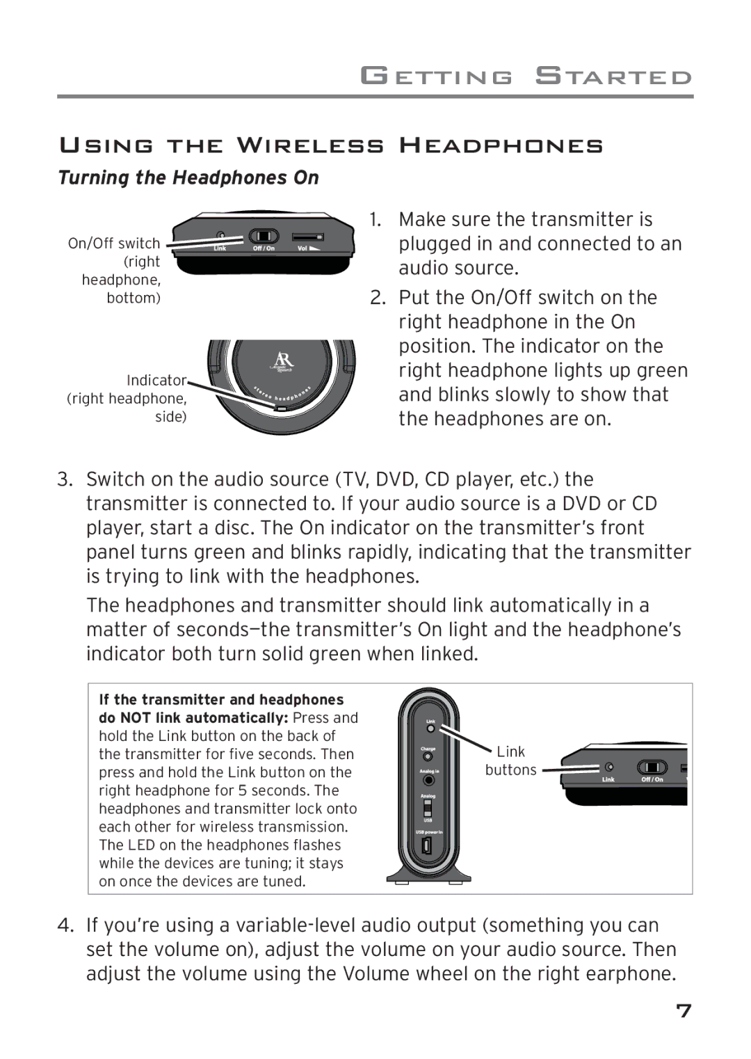 Acoustic Research AWD205 owner manual Using the Wireless Headphones, Turning the Headphones On 