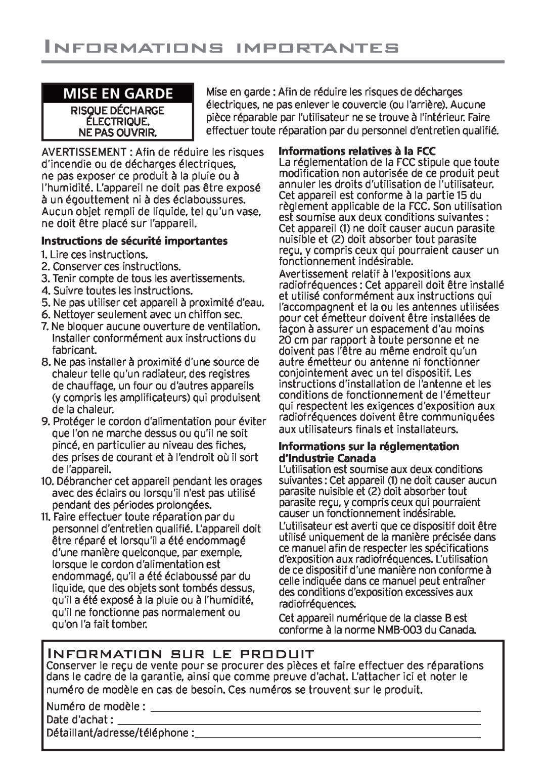 Acoustic Research AWD205 owner manual Information sur le produit, Informations Importantes, Mise En Garde 