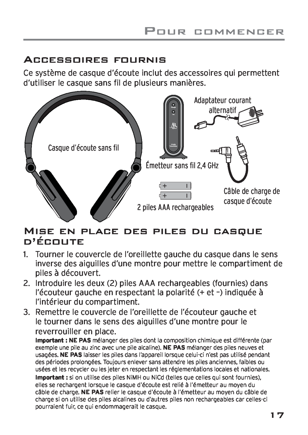 Acoustic Research AWD205 owner manual Accessoires Fournis, Mise En Place Des Piles Du Casque D’Écoute, Pour Commencer 