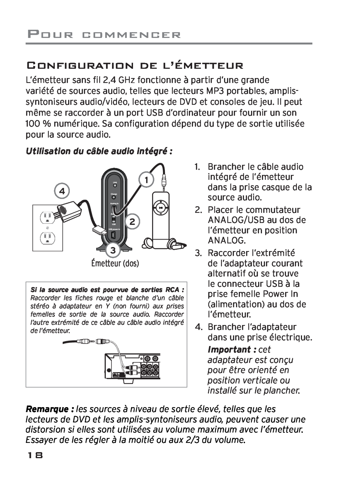 Acoustic Research AWD205 owner manual Configuration De L’Émetteur, Utilisation du câble audio intégré, Pour Commencer 