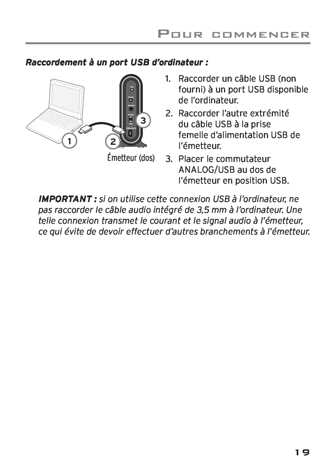 Acoustic Research AWD205 owner manual Raccordement à un port USB d’ordinateur, Pour Commencer 