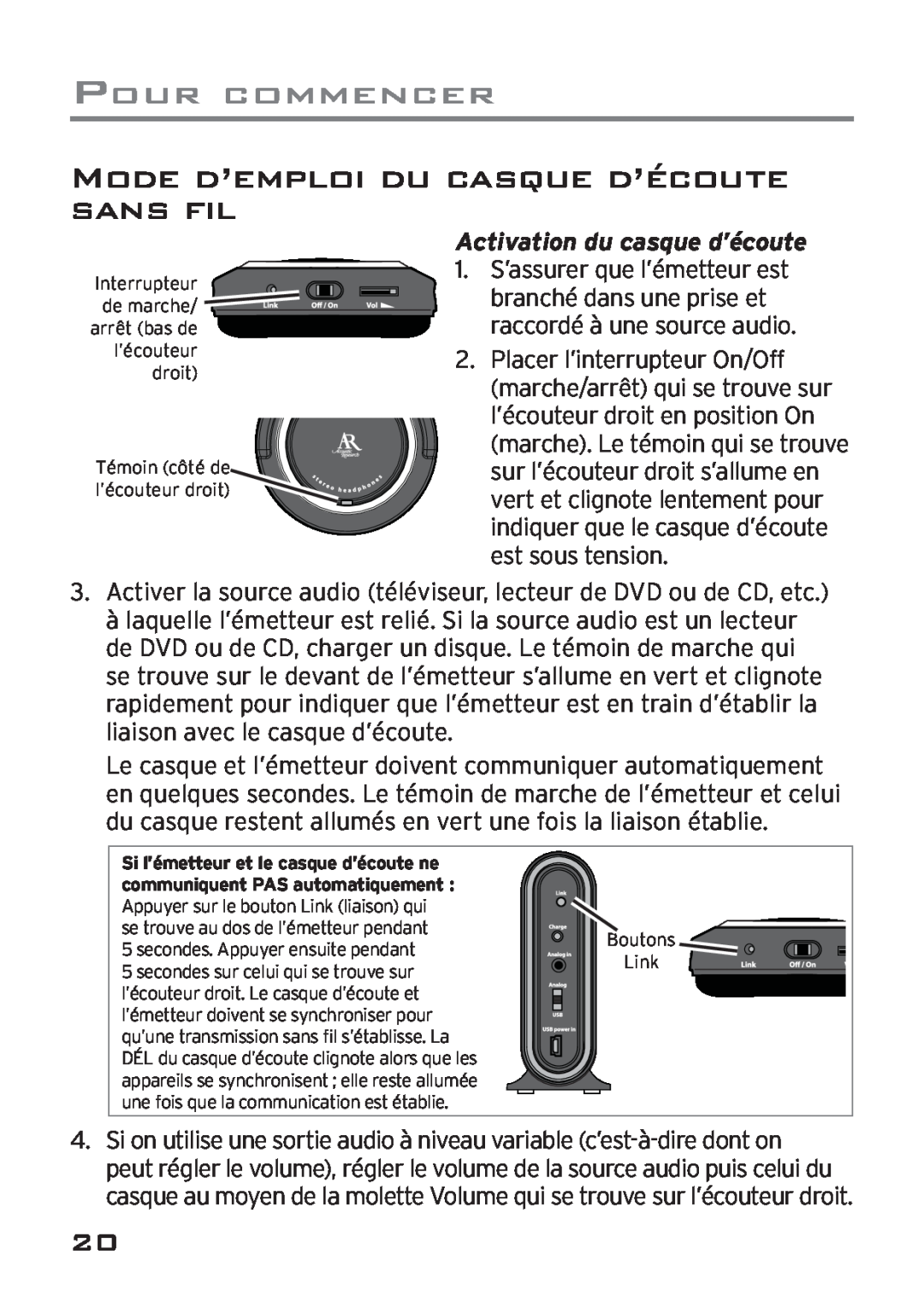 Acoustic Research AWD205 Mode D’Emploi Du Casque D’Écoute Sans Fil, Activation du casque d’écoute, Pour Commencer 