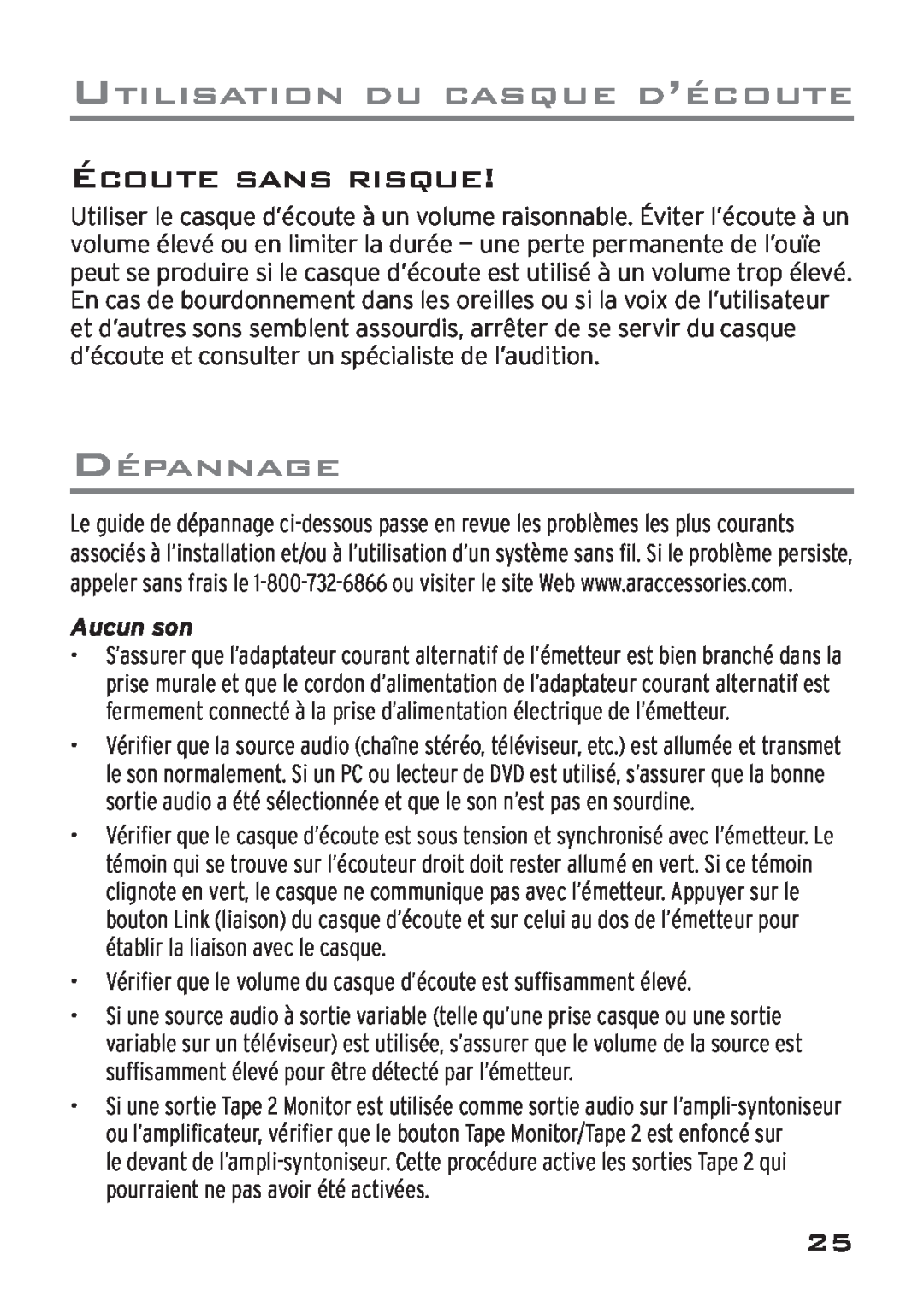 Acoustic Research AWD205 owner manual Écoute Sans Risque, Dépannage, Aucun son, Utilisation Du Casque D’Écoute 