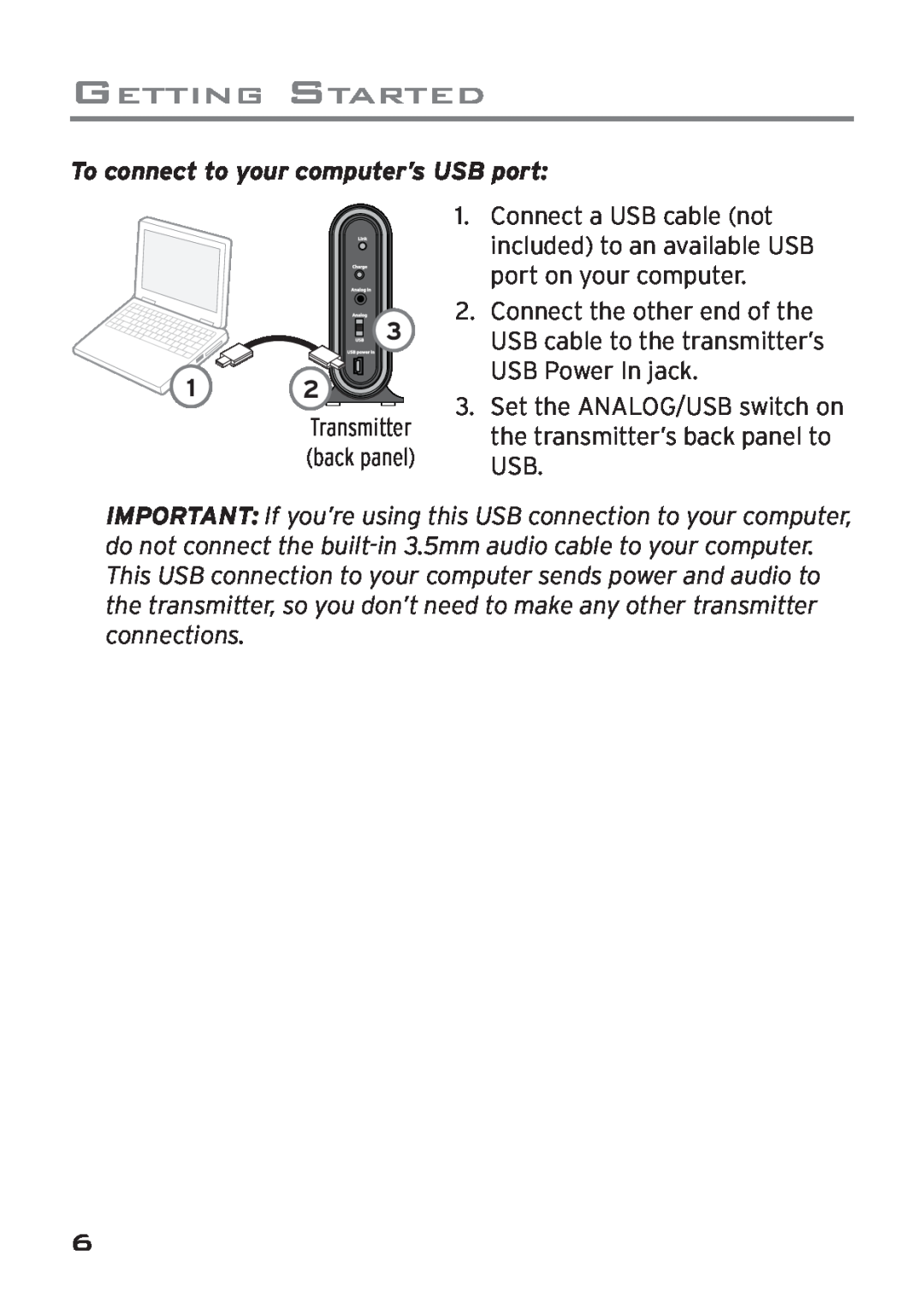 Acoustic Research AWD205 owner manual To connect to your computer’s USB port, Getting Started, Transmitter back panel 