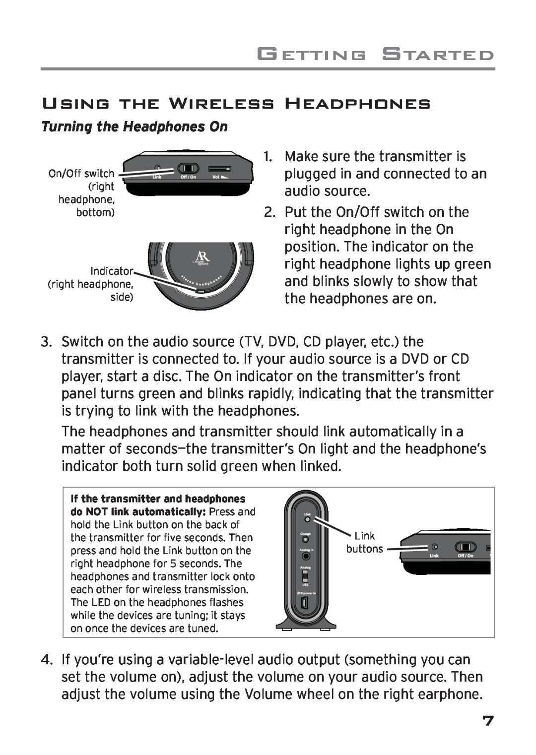 Acoustic Research AWD205 owner manual Using The Wireless Headphones, Turning the Headphones On, Getting Started 