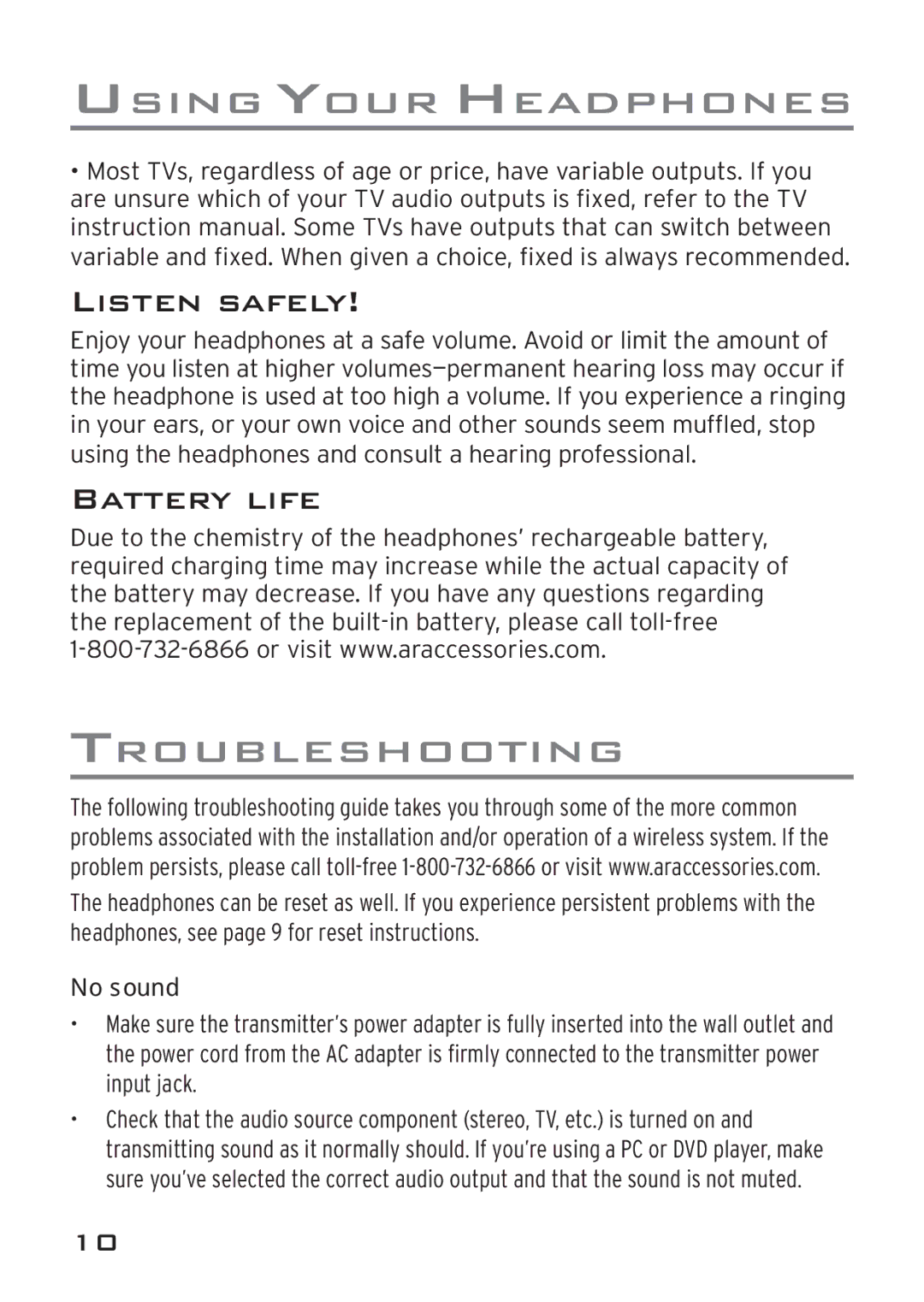 Acoustic Research AWD209 owner manual Listen Safely, Battery Life, No sound 