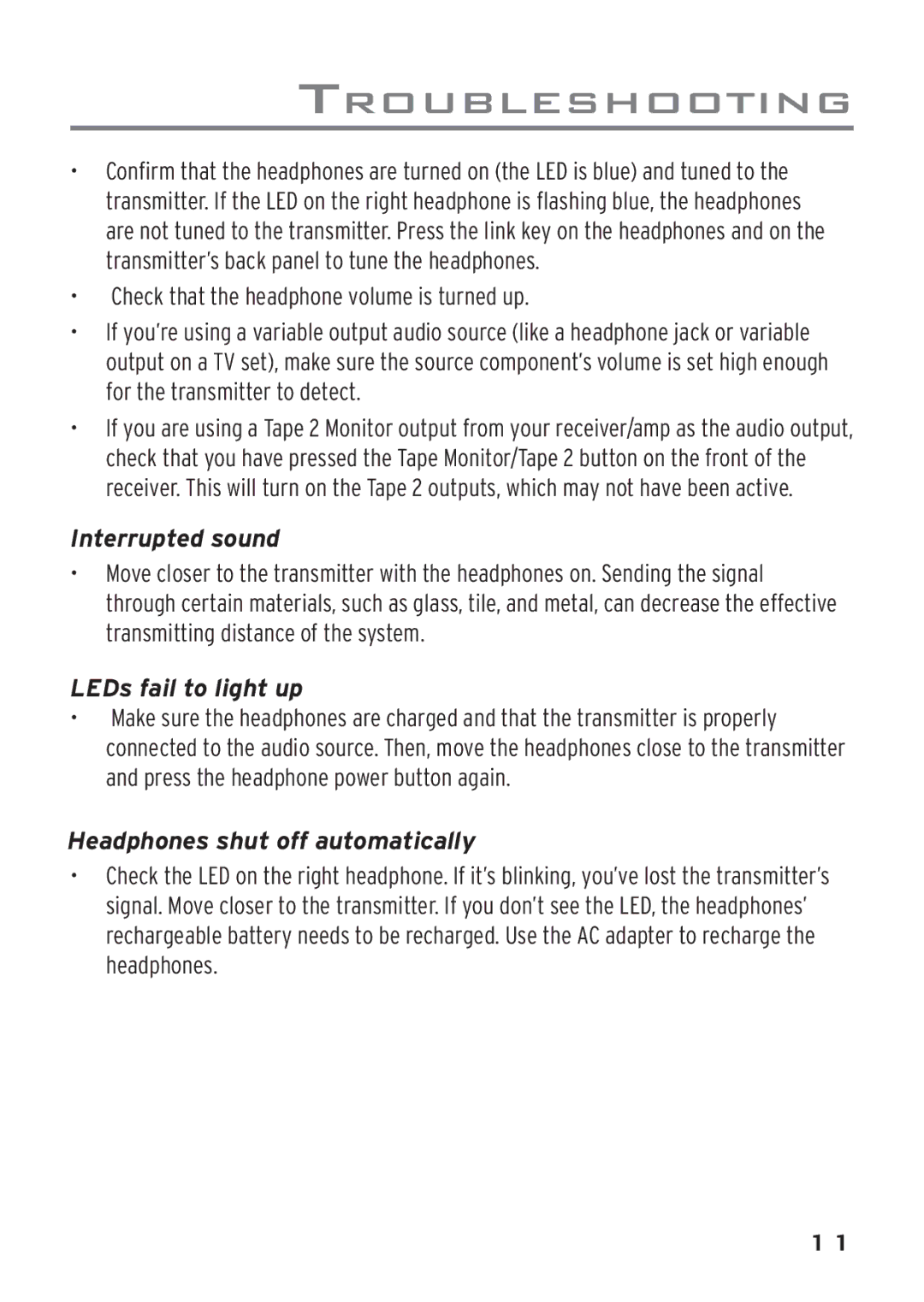 Acoustic Research AWD209 owner manual Interrupted sound, LEDs fail to light up, Headphones shut off automatically 