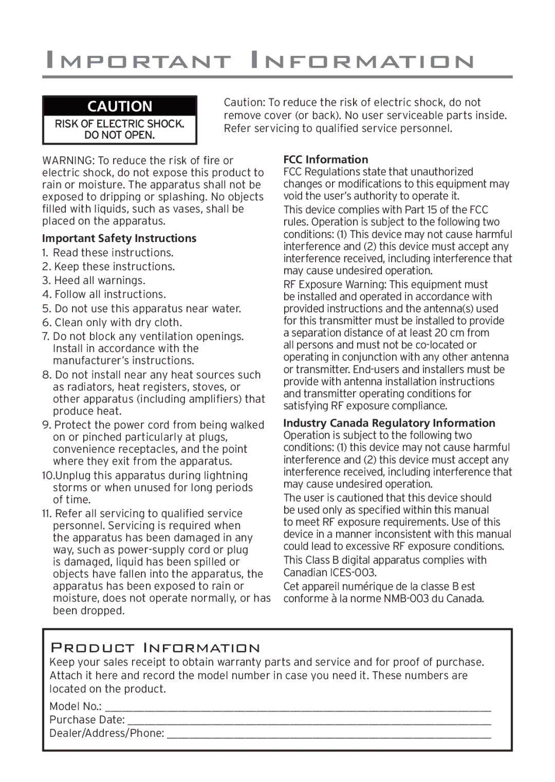 Acoustic Research AWD209 owner manual Important Information 