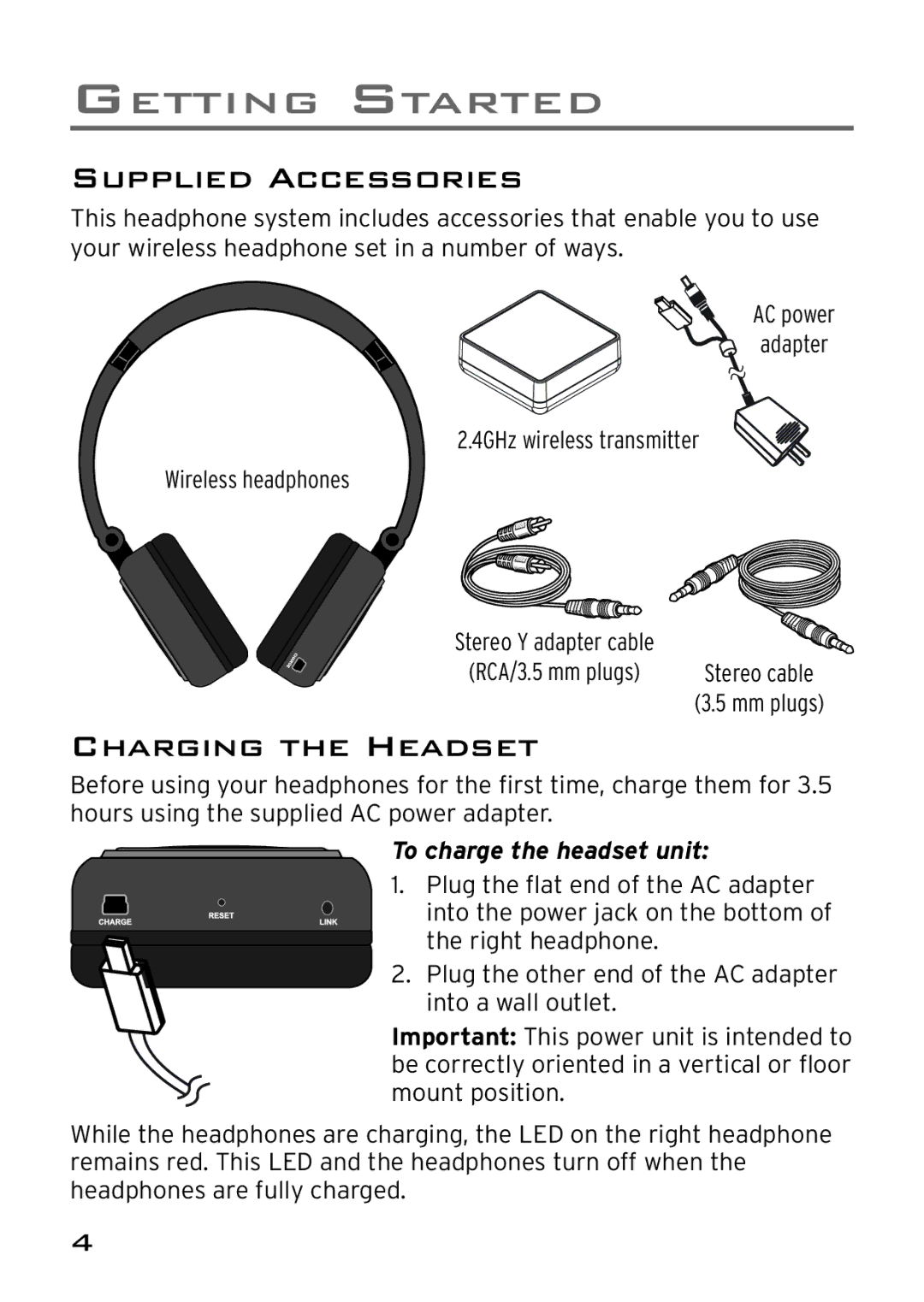 Acoustic Research AWD209 owner manual Supplied Accessories, Charging the Headset, To charge the headset unit 