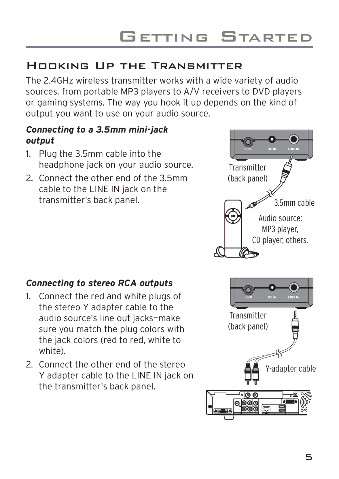 Acoustic Research AWD209 owner manual Hooking UP the Transmitter, Connecting to a 3.5mm mini-jack output 