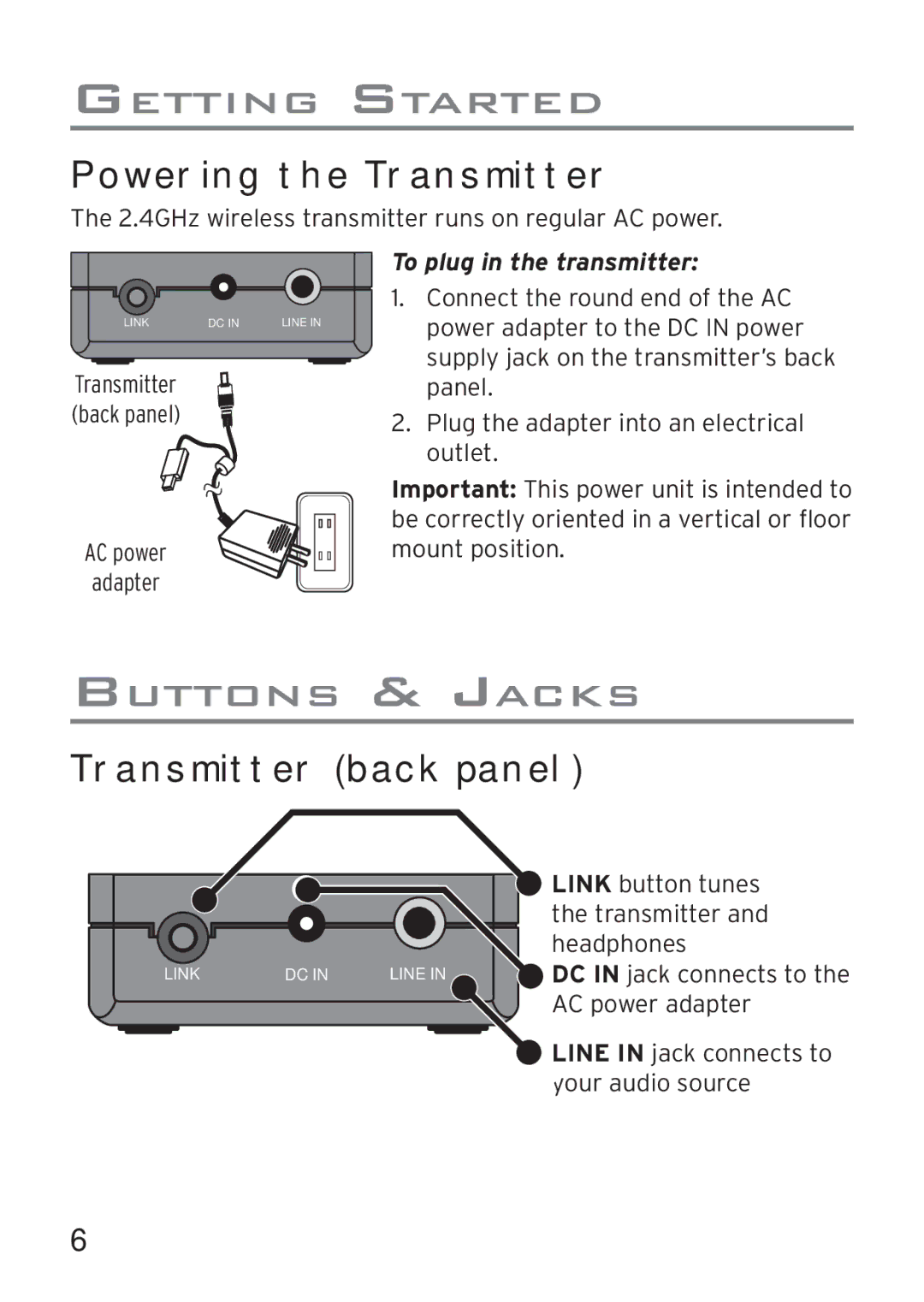 Acoustic Research AWD209 owner manual Powering the Transmitter, Transmitter Back Panel, To plug in the transmitter 