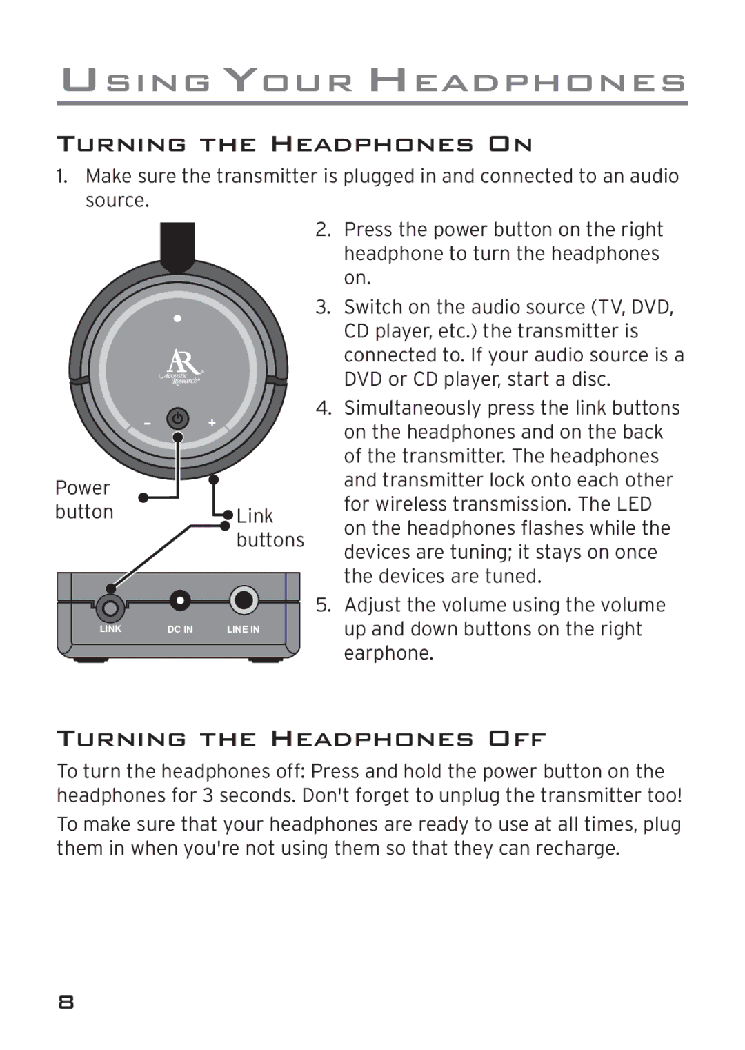 Acoustic Research AWD209 owner manual Turning the Headphones on, Turning the Headphones OFF 