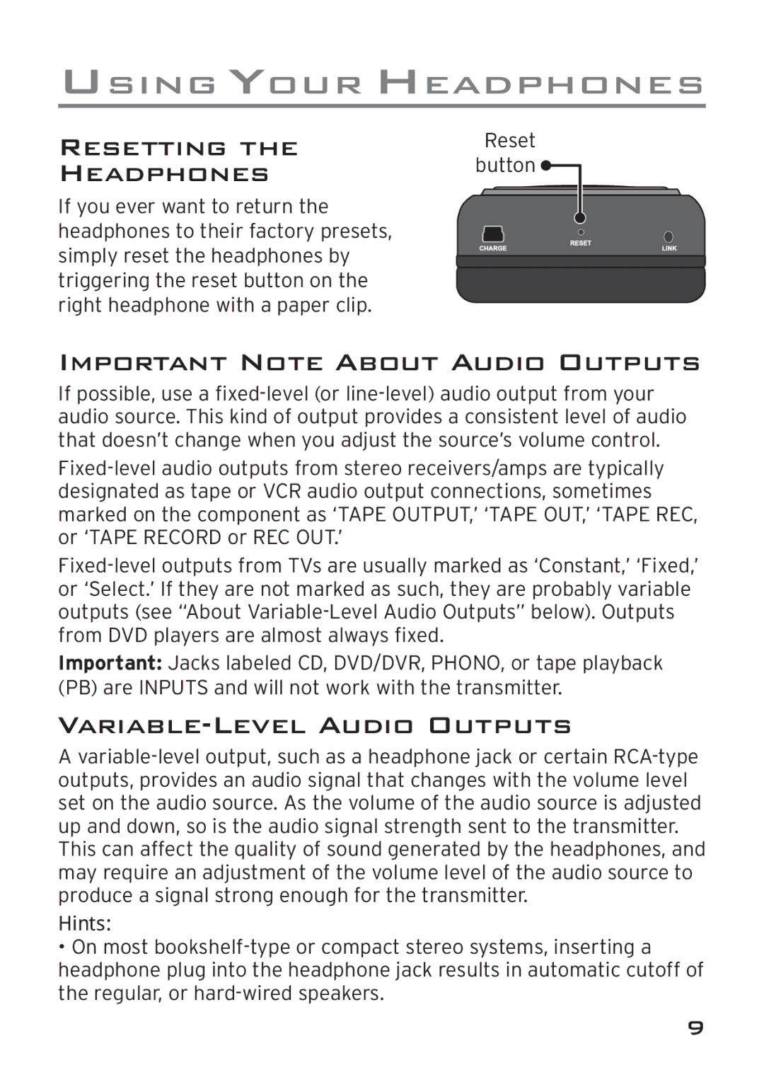 Acoustic Research AWD209 Resetting Headphones, Important Note about Audio Outputs, VARIABLE‑LEVEL Audio Outputs 