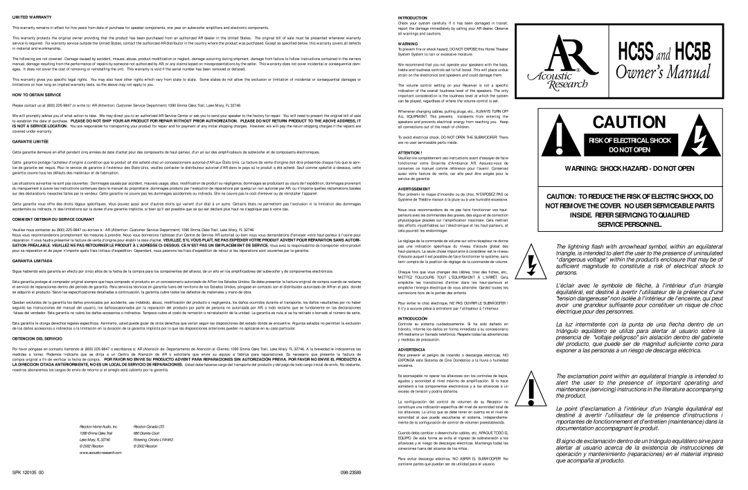 Acoustic Research HC5B, HC5S owner manual Limited Warranty, HOW to Obtain Service, Garantie Limitée, Garantia Limitada 