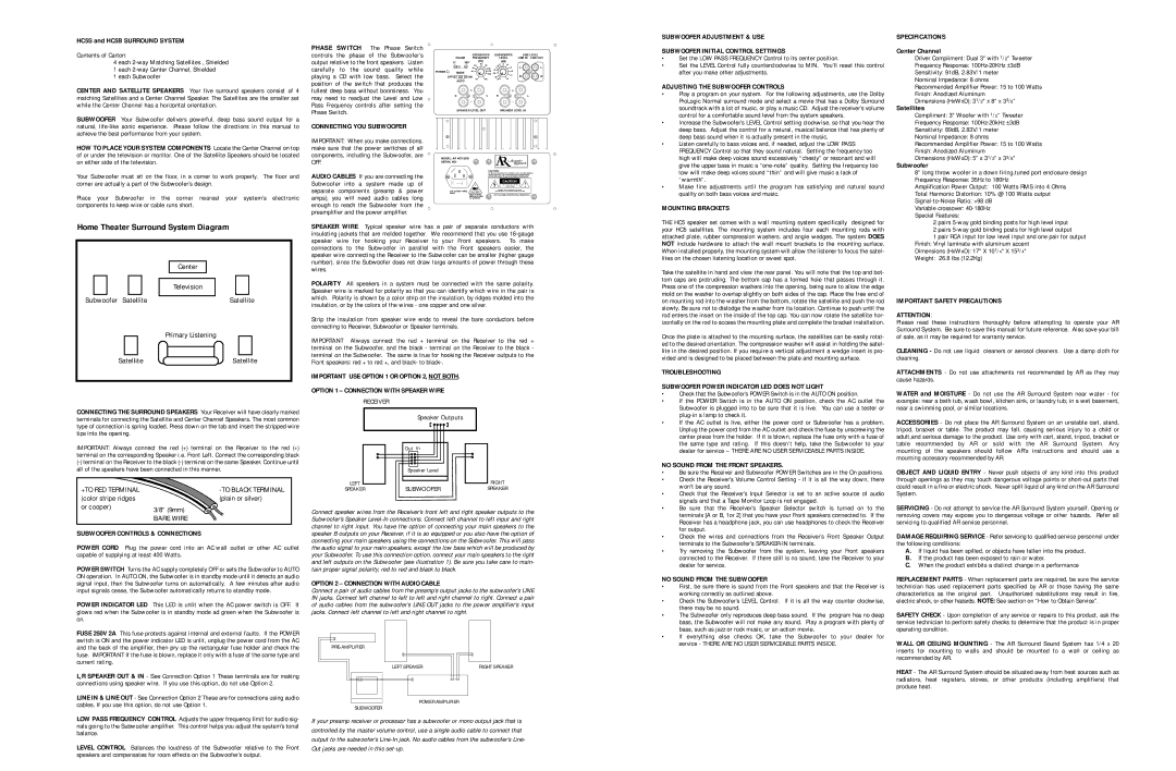 Acoustic Research HC5S, HC5B Connecting YOU Subwoofer, Adjusting the Subwoofer Controls, Mounting Brackets Specifications 