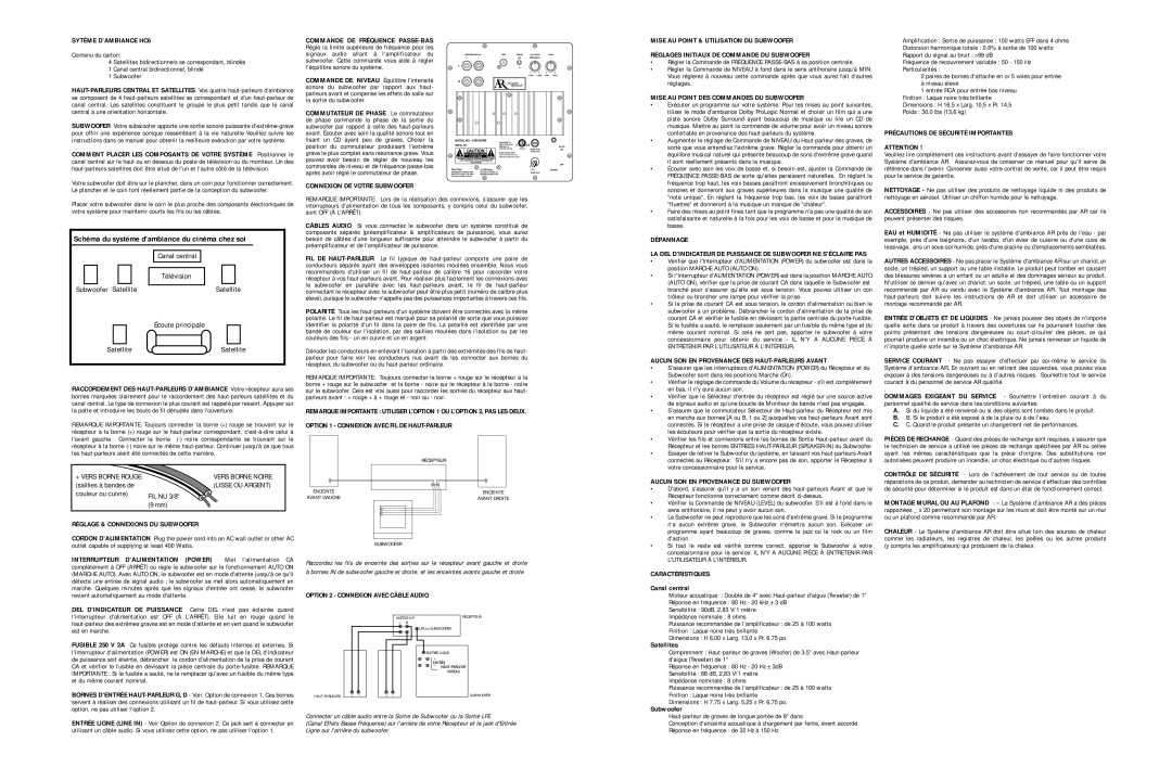 Acoustic Research HC6 owner manual Schéma du système dambiance du cinéma chez soi, Subwoofer Satellite, Écoute principale 