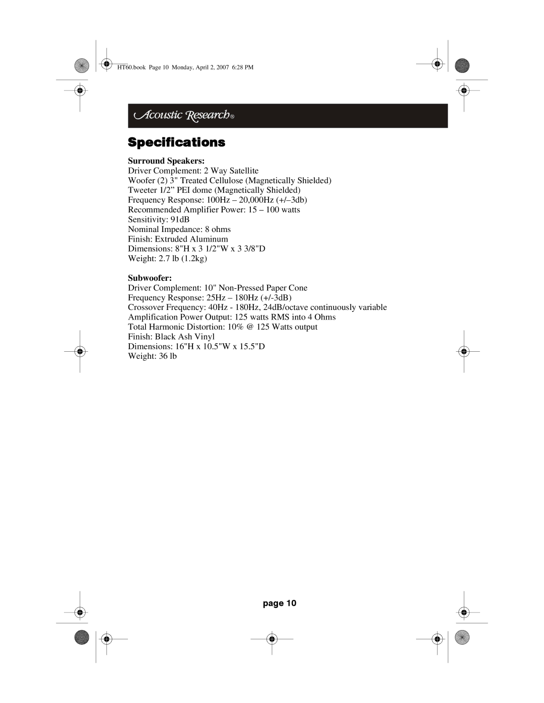 Acoustic Research HT60 operation manual Specifications, Surround Speakers 