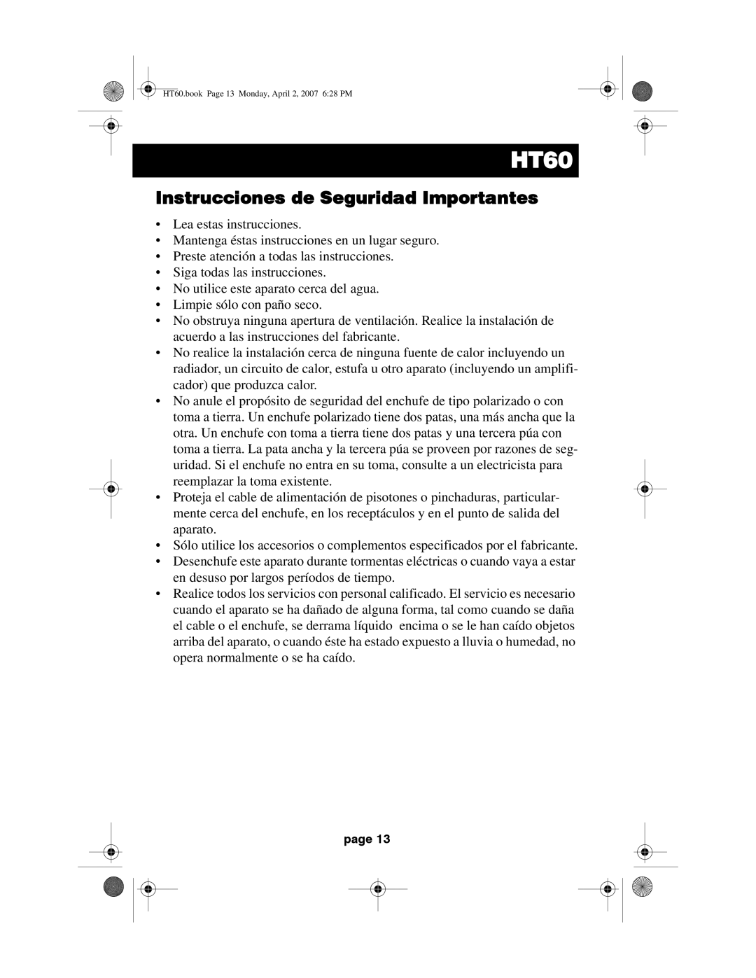 Acoustic Research HT60 operation manual Instrucciones de Seguridad Importantes 