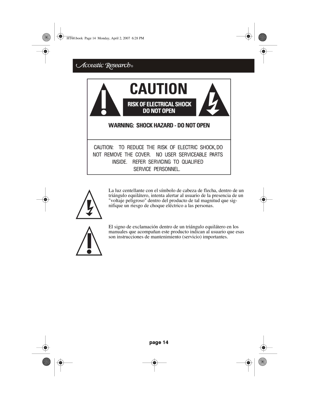 Acoustic Research operation manual HT60.book Page 14 Monday, April 2, 2007 628 PM 