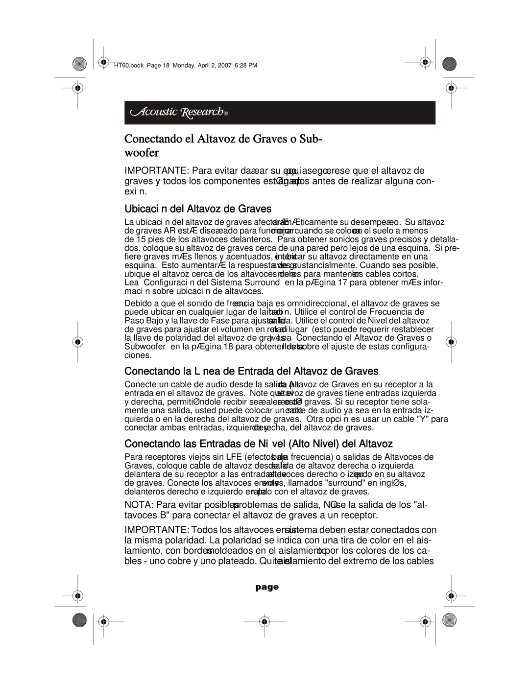 Acoustic Research HT60 operation manual Conectando el Altavoz de Graves o Sub- woofer, Ubicación del Altavoz de Graves 