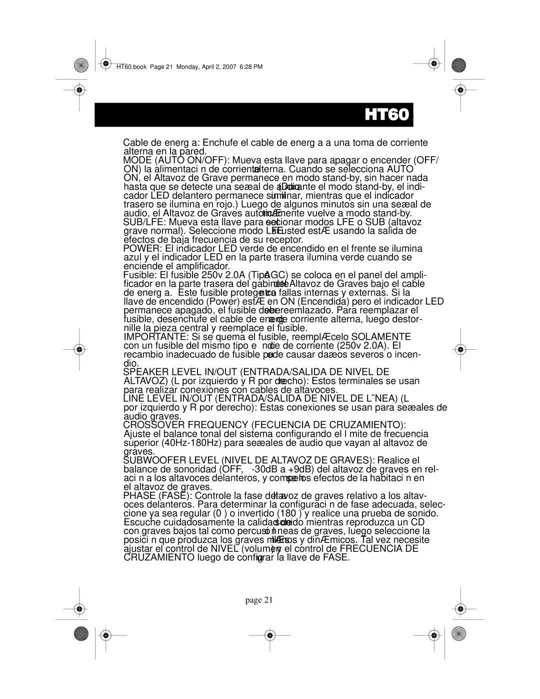 Acoustic Research operation manual HT60.book Page 21 Monday, April 2, 2007 628 PM 