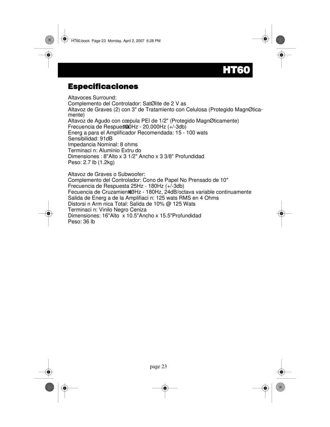 Acoustic Research HT60 operation manual Especificaciones, Altavoces Surround 