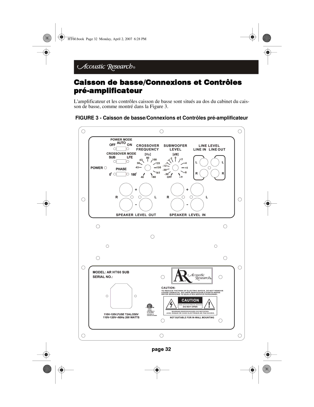 Acoustic Research HT60 operation manual Caisson de basse/Connexions et Contrôles pré-amplificateur 