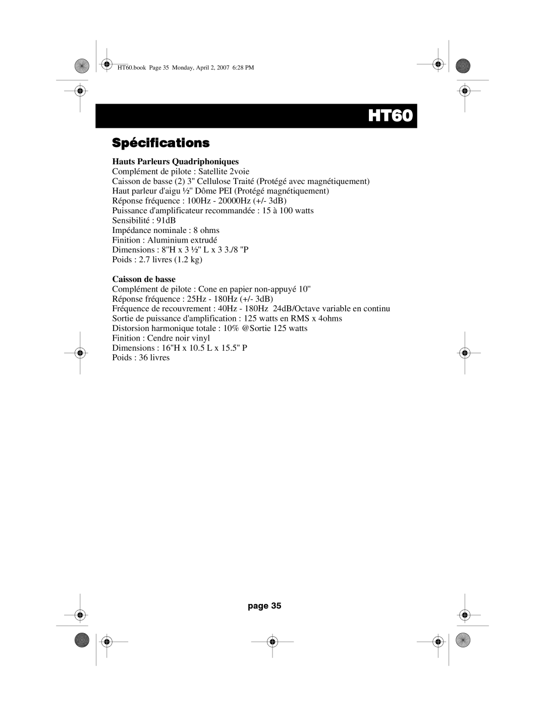 Acoustic Research HT60 operation manual Spécifications, Caisson de basse 