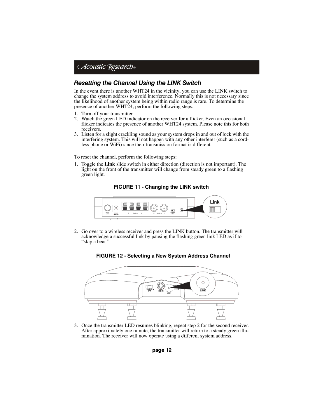 Acoustic Research HT60 operation manual Resetting the Channel Using the Link Switch, Changing the Link switch 