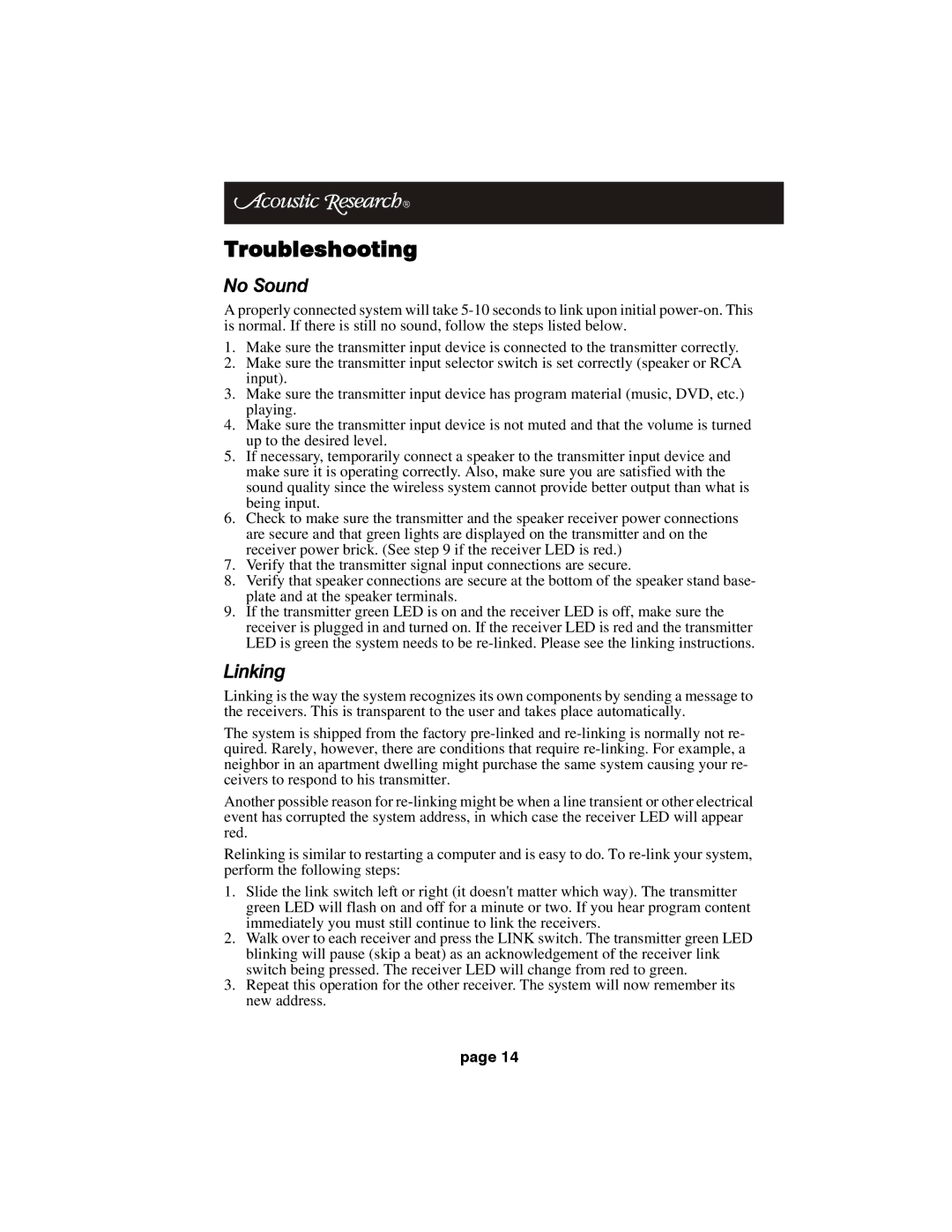 Acoustic Research HT60 operation manual Troubleshooting, No Sound, Linking 