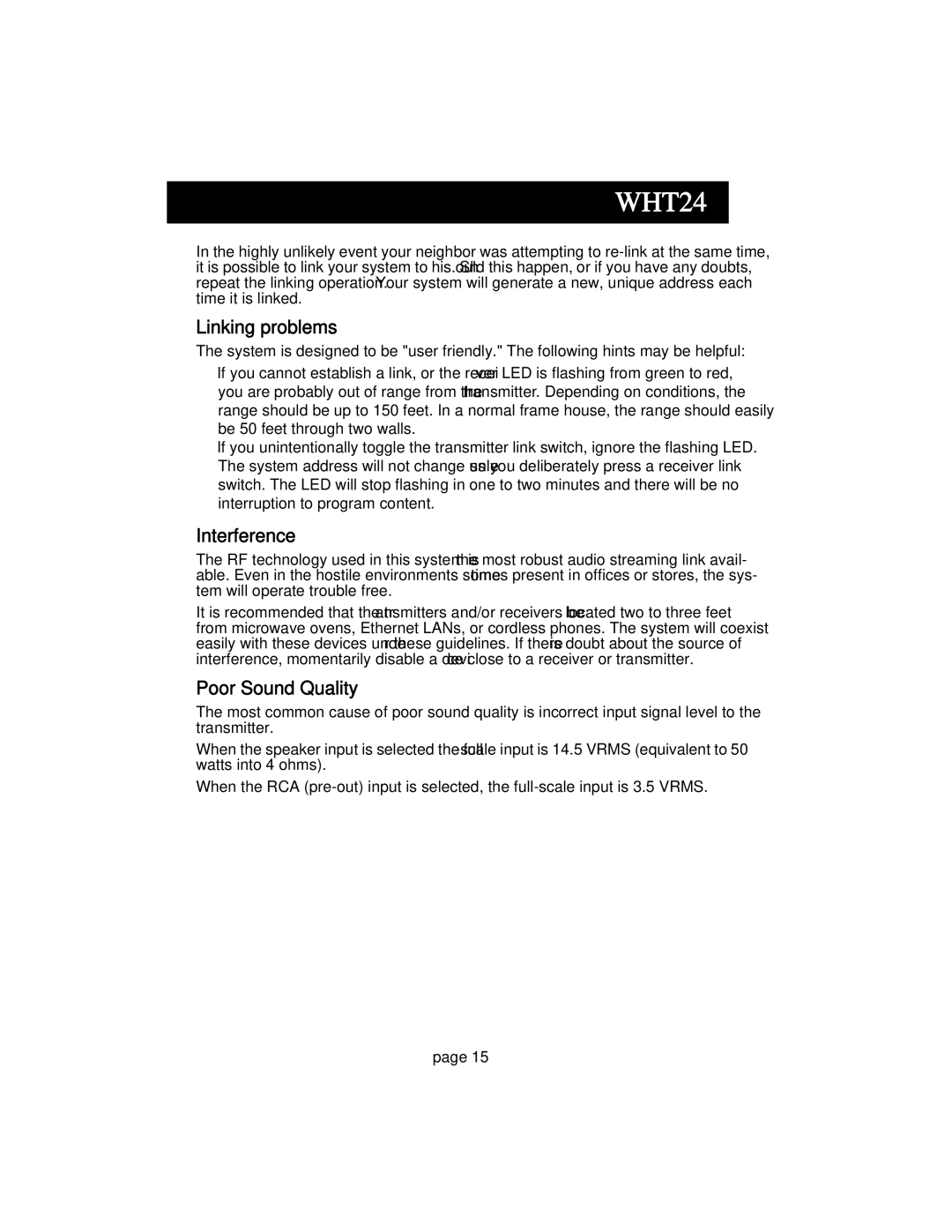 Acoustic Research HT60 operation manual Linking problems, Interference, Poor Sound Quality 