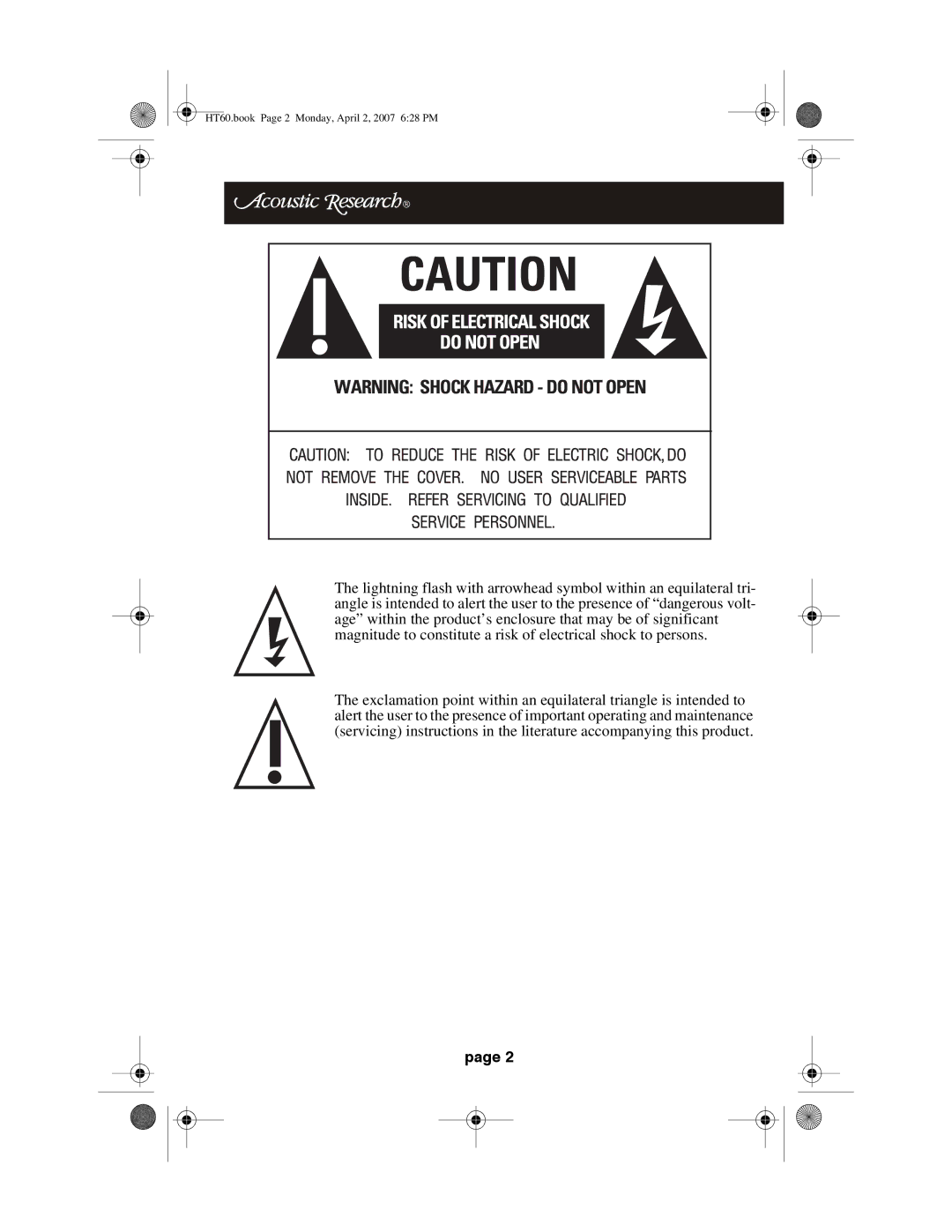 Acoustic Research operation manual HT60.book Page 2 Monday, April 2, 2007 628 PM 