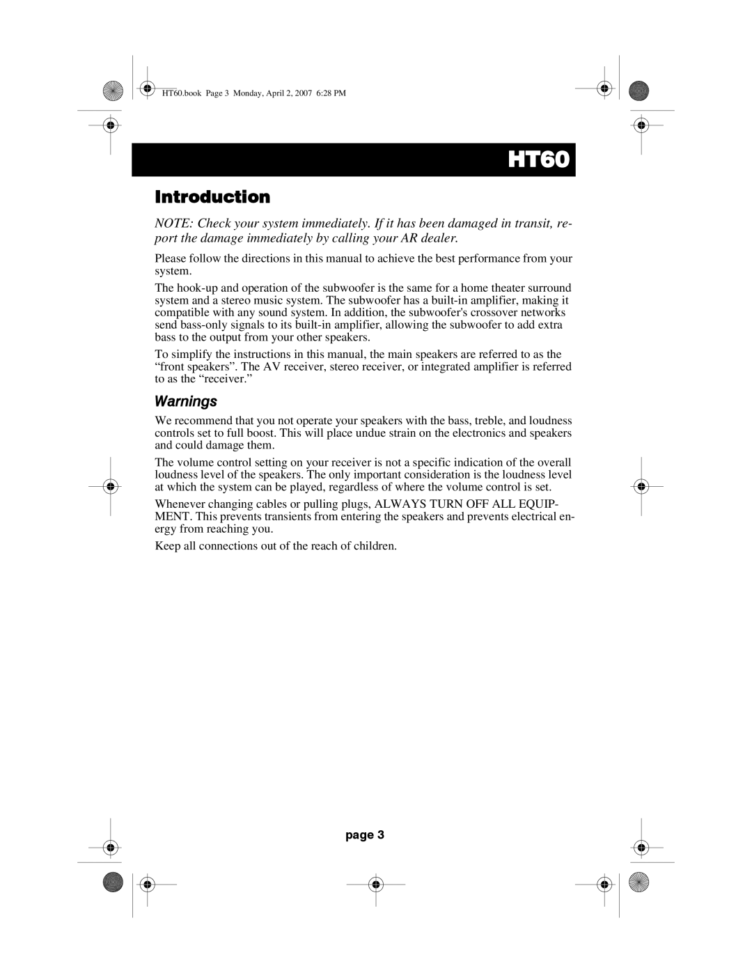 Acoustic Research HT60 operation manual Introduction 