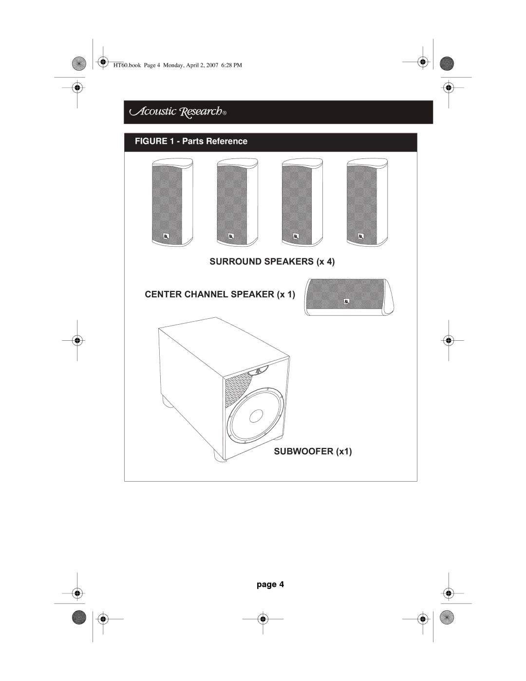 Acoustic Research HT60 operation manual Surround Speakers x Center Channel Speaker x Subwoofer 