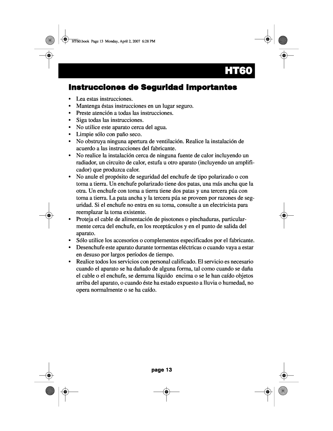 Acoustic Research HT60 operation manual Instrucciones de Seguridad Importantes 