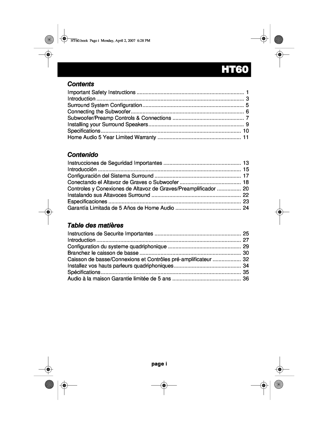 Acoustic Research HT60 operation manual Contents, Contenido, Table des matières, page 