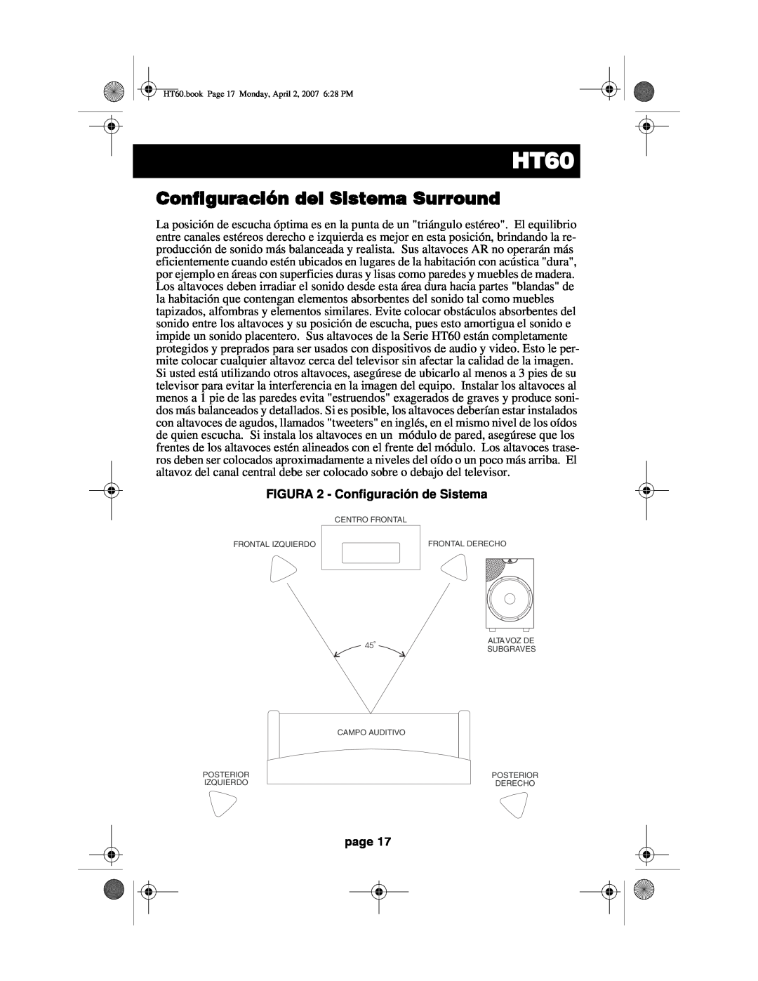 Acoustic Research HT60 operation manual Configuración del Sistema Surround, FIGURA 2 - Configuración de Sistema, page 