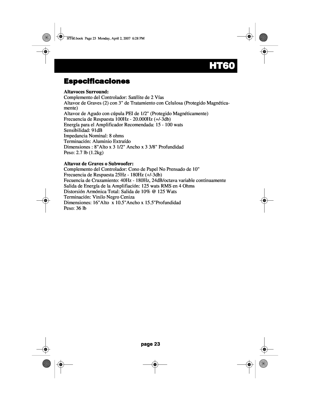 Acoustic Research HT60 operation manual Especificaciones, Altavoces Surround, Altavoz de Graves o Subwoofer, page 