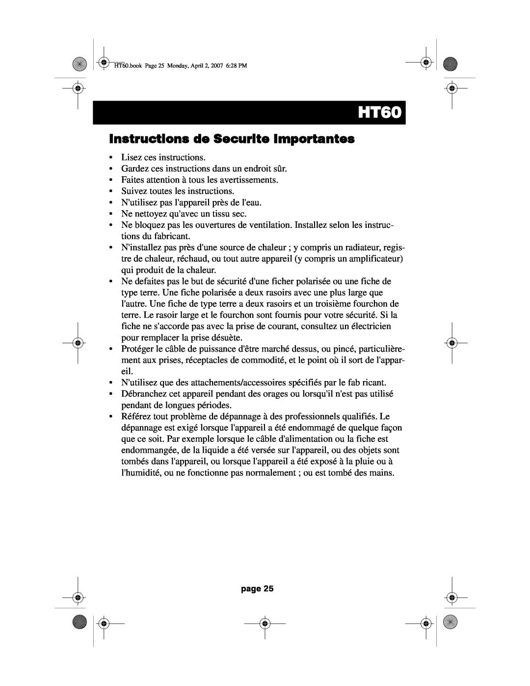 Acoustic Research HT60 operation manual Instructions de Securite Importantes 